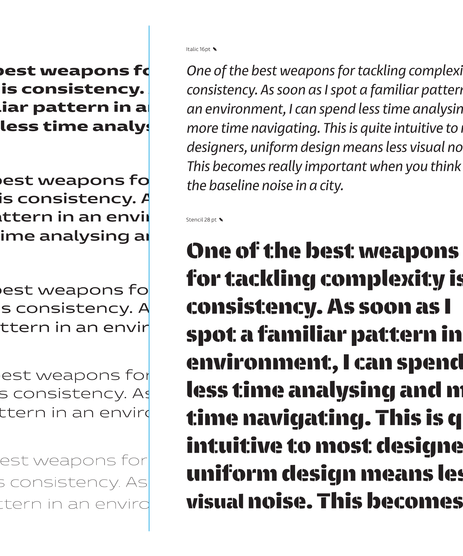 Entorno, text examples showing italic and stencil styles