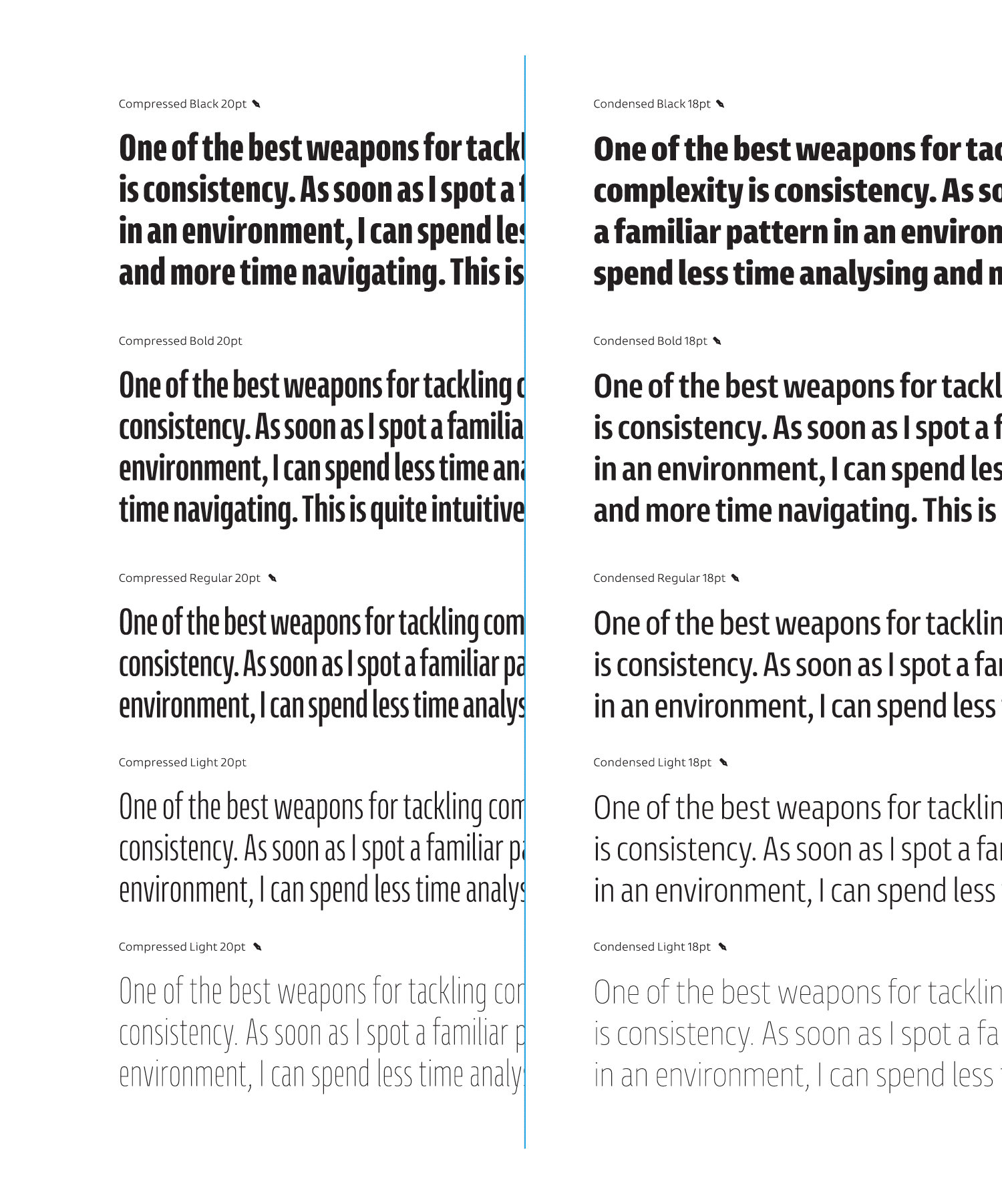 Entorno, text examples using compresed and condensed styles from hairline to black weight