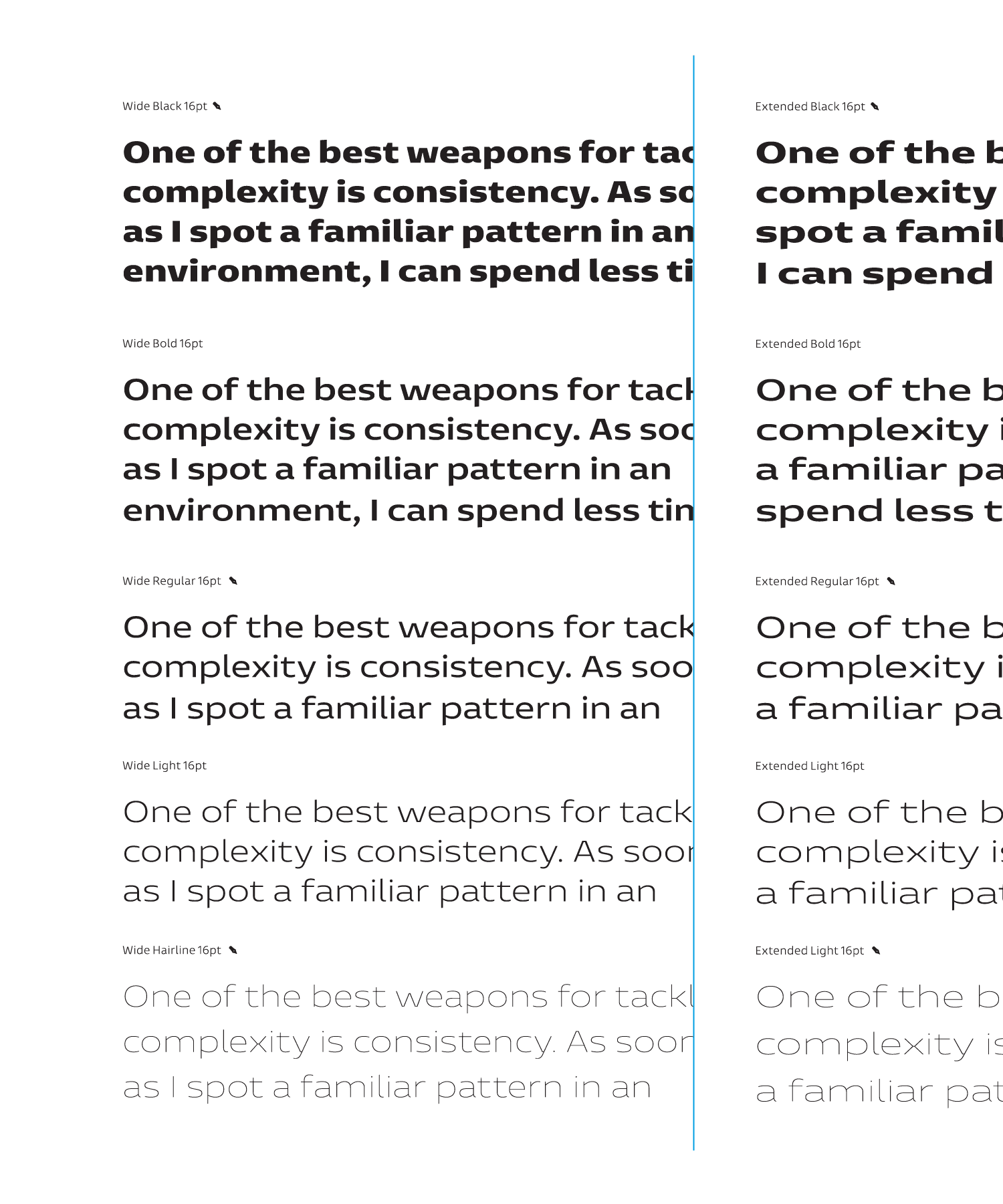 Entorno, text examples showing wide and extended styles from hairline to black weight