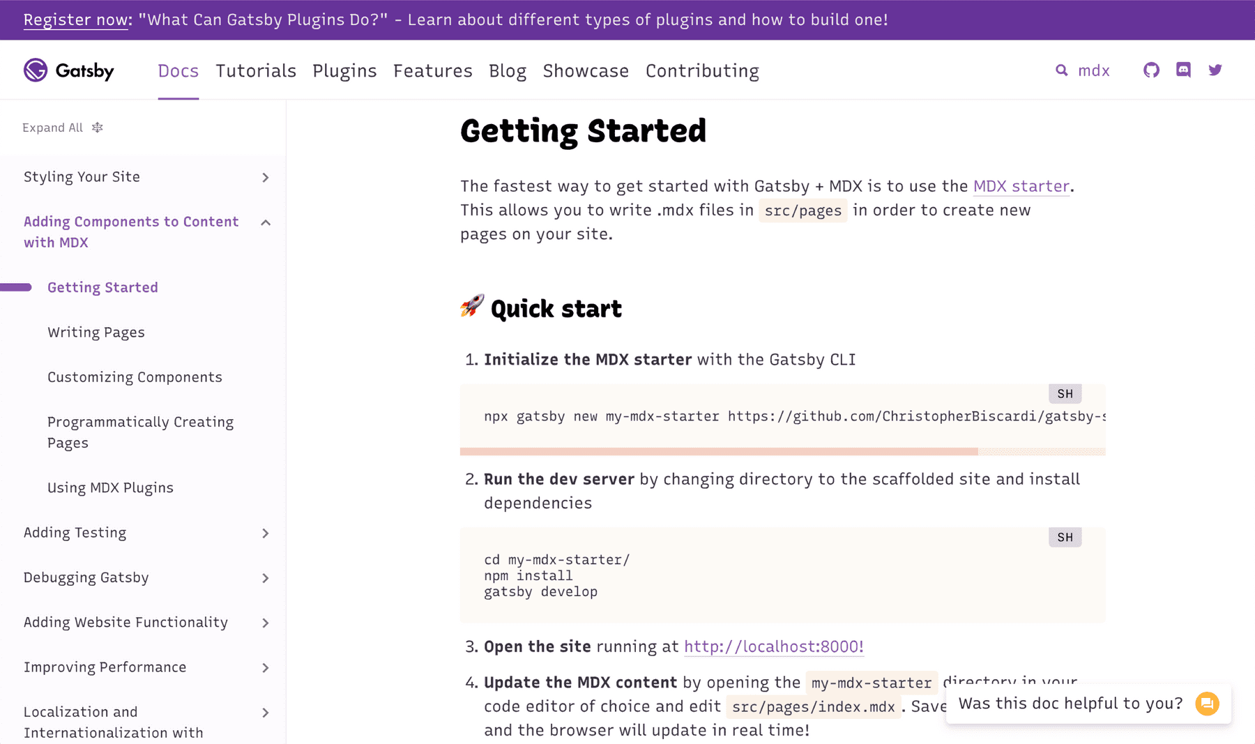 GatsbyJS docs, with fonts overridden by Recursive Mono